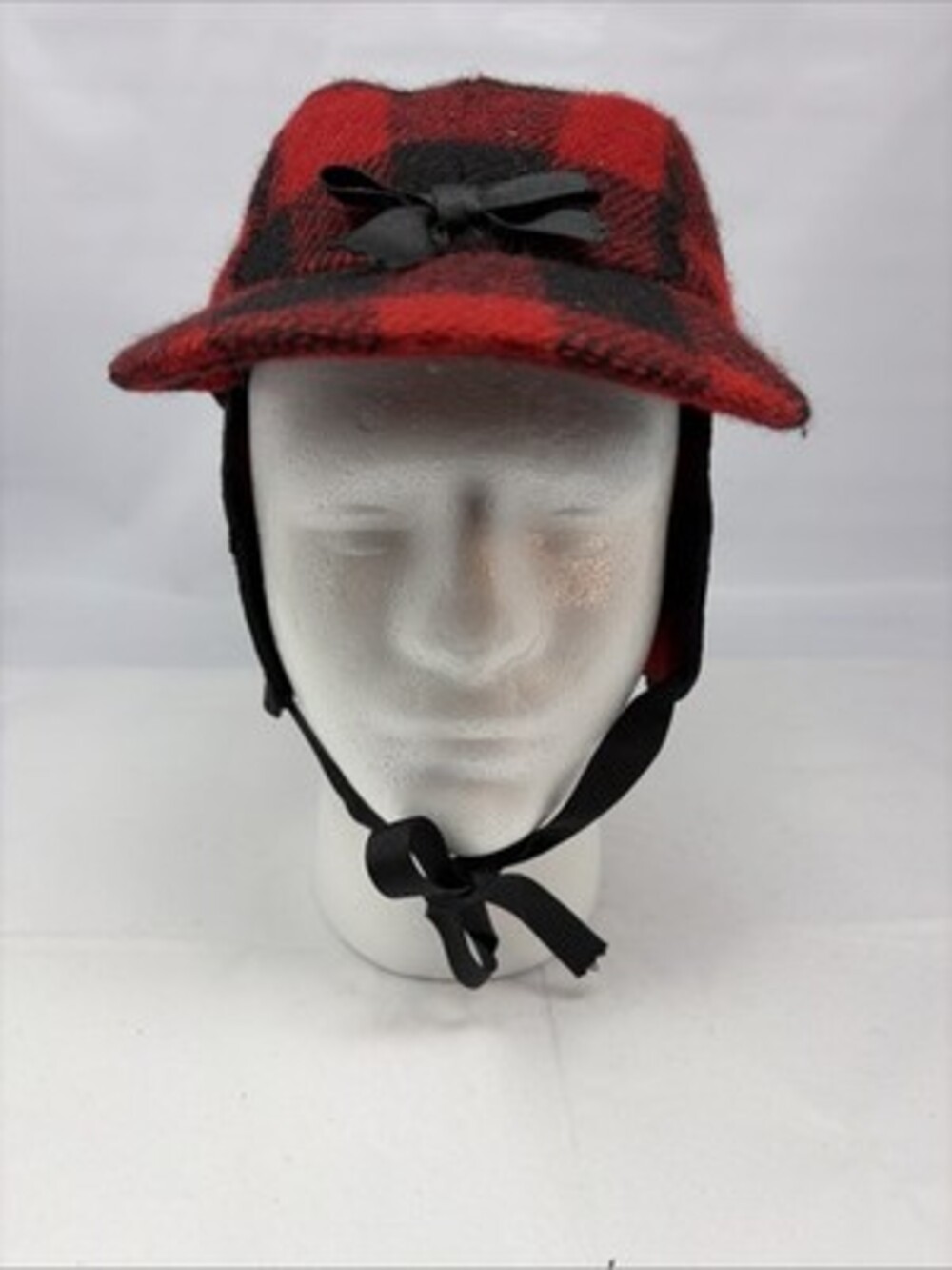 LL Bean Trapper Hat Adult L/XL Red Buffalo Plaid Wool Ear Flap Hunting Cap W/bow